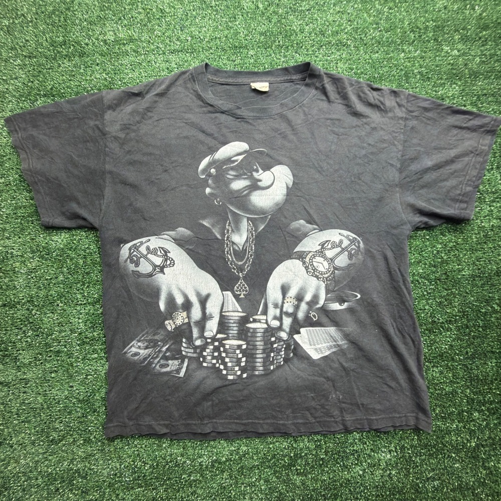 Vintage Y2K 2000s Delta Popeye Poker Player Graphic T-Shirt Faded Black Mens L